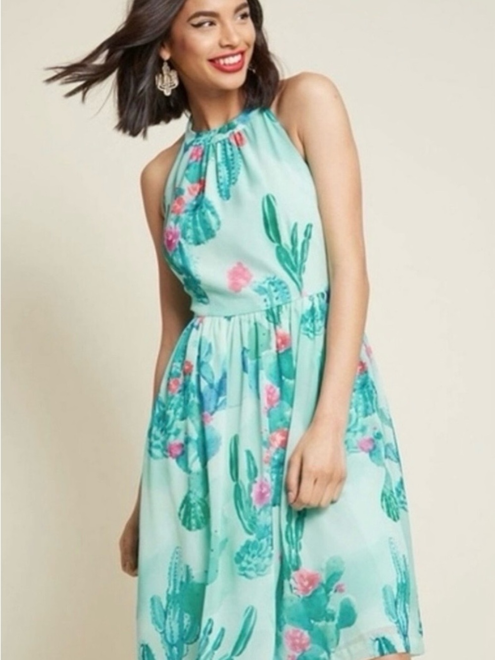 Turquoise Cactus Print Halter Dress by ModCloth